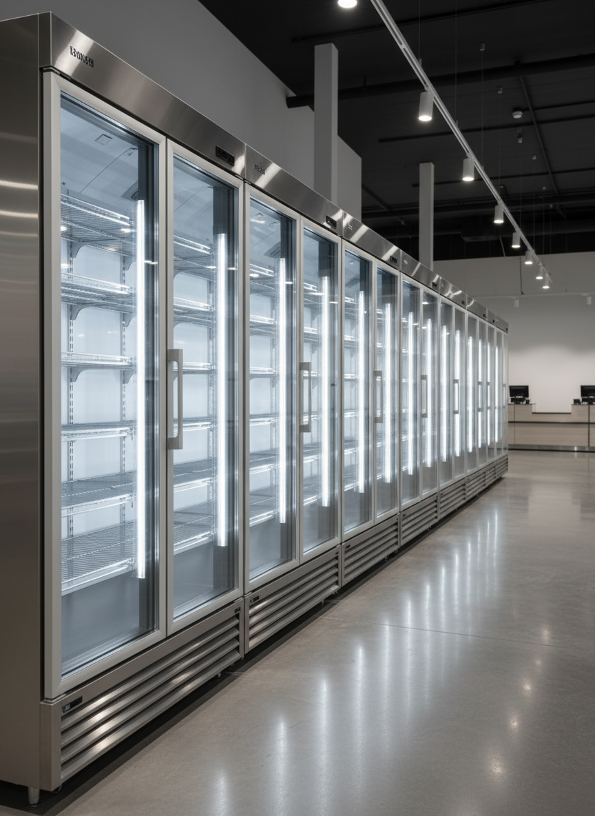 A gleaming line of upright commercial display coolers with double-pane glass doors and brushed stainless steel frames, arranged side by side in a modern retail environment. Inside, adjustable metal shelves are empty and perfectly aligned, emphasizing the equipment rather than products. The floor is polished concrete, reflecting subtle highlights from the cooler bases. Overhead, neutral white LED track lighting and the cool glow from the interior cooler lights create bright, even illumination with gentle reflections on the glass. Captured in photographic realism from a slightly angled perspective, the composition uses leading lines to draw the eye down the row, conveying reliability, cleanliness, and professional-grade refrigeration solutions.