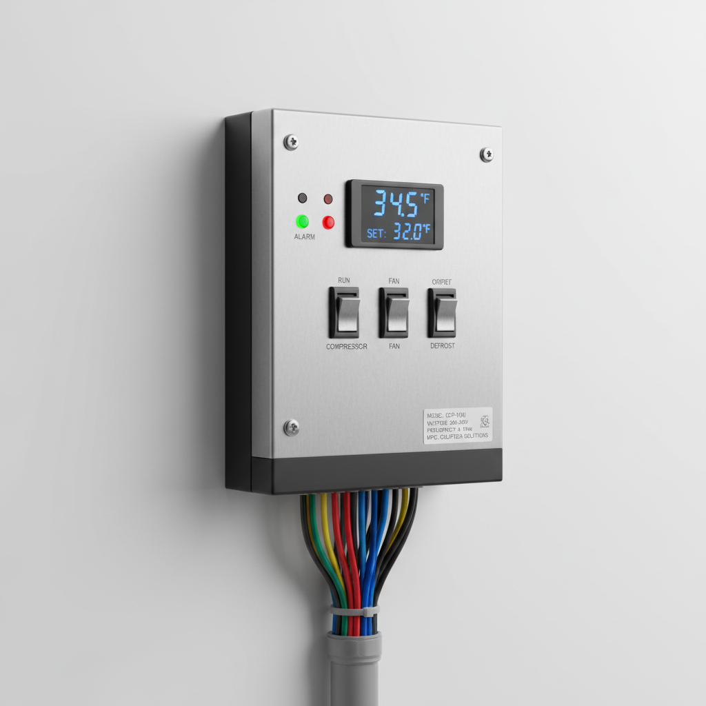 A close-up, technical photographic view of a commercial cooler control panel mounted on a clean white wall. The panel features a sleek digital thermostat display, green and red indicator lights, labeled stainless steel switches, and neatly bundled, color-coded wiring entering through conduit at the bottom. The wall around the panel is spotless, with a small printed label indicating system specifications. Neutral, soft studio-style lighting from the side creates gentle shadows that highlight the panel’s depth and precision without glare on the display. Shot straight-on in photographic realism with shallow depth of field to subtly blur the background edges, the composition communicates precision, reliability, and expert commercial refrigeration control and monitoring solutions.