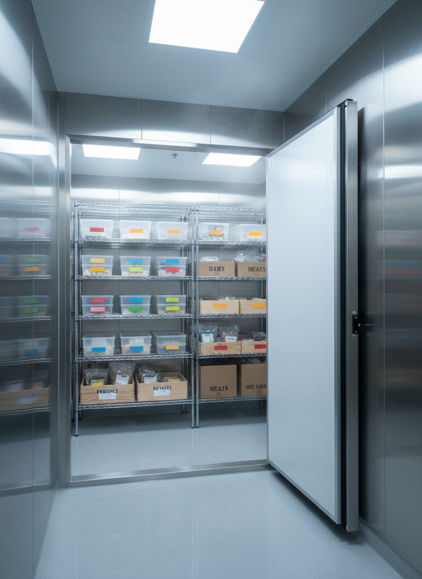 A spacious commercial walk-in cooler with stainless steel walls and a pristine white insulated door, slightly ajar to reveal neatly organized metal shelving. Rows of labeled boxes, crates, and clear containers are aligned in clean, precise order, emphasizing efficiency and reliability. The environment is a spotless, professional back-of-house storage room with smooth epoxy flooring and clean white walls. Bright, cool LED overhead lighting casts crisp, even illumination, highlighting the metallic textures and faint condensation on the door seal. Photographic realism, eye-level composition with sharp focus throughout, creating a calm, orderly, and highly professional atmosphere ideal for a commercial cooler sales and service website.
