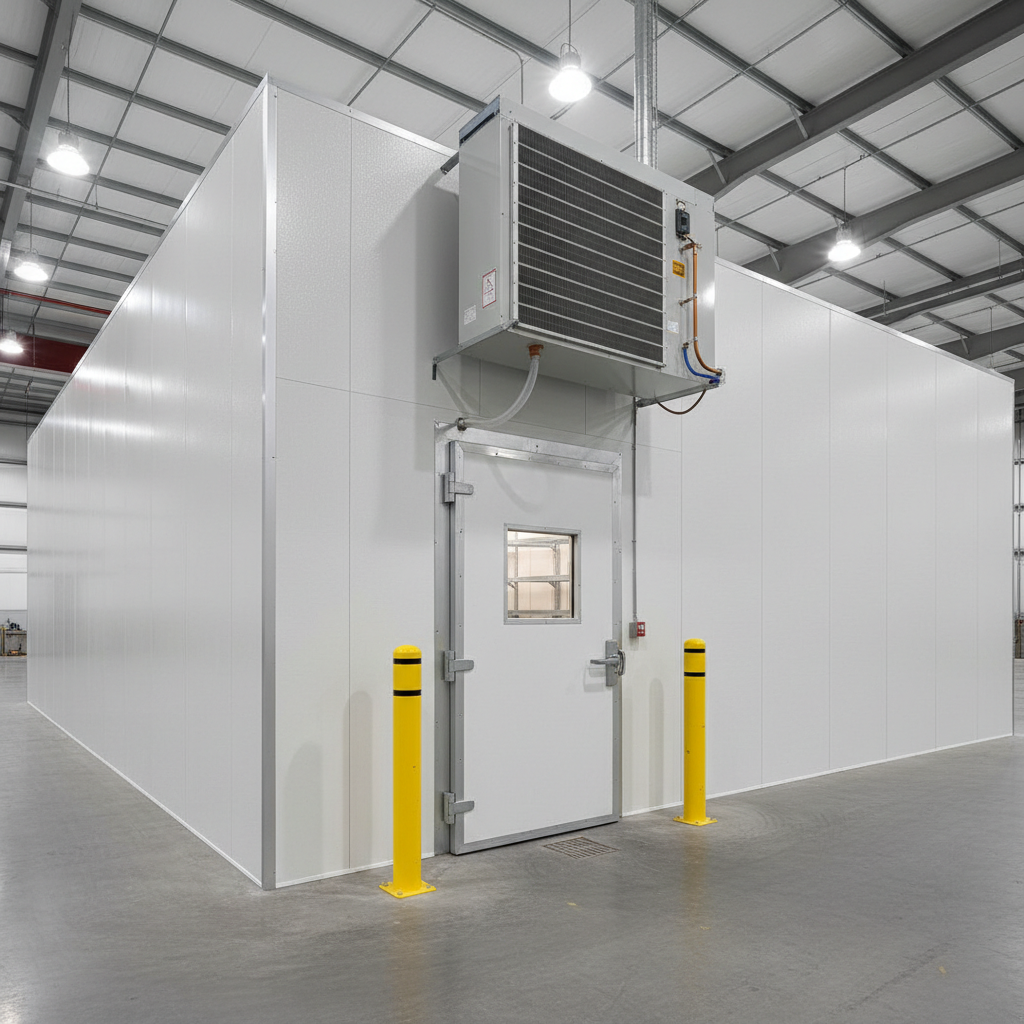 A detailed, wide-angle interior shot of a newly installed walk-in cooler system in a warehouse-style storage space. The modular insulated wall panels, heavy-duty metal door with latch handle, and overhead evaporator fan unit with visible fins and drain lines are all clearly shown. The concrete floor is clean and lightly polished, with yellow safety bollards positioned near the door frame. Bright, evenly distributed LED bay lighting floods the space with cool, neutral light, minimizing harsh shadows while emphasizing clean lines and precise construction. Photographic realism, captured from a slightly elevated corner angle to show both exterior and partial interior of the walk-in, conveying a robust, industrial, and highly professional installation suitable for large commercial clients.