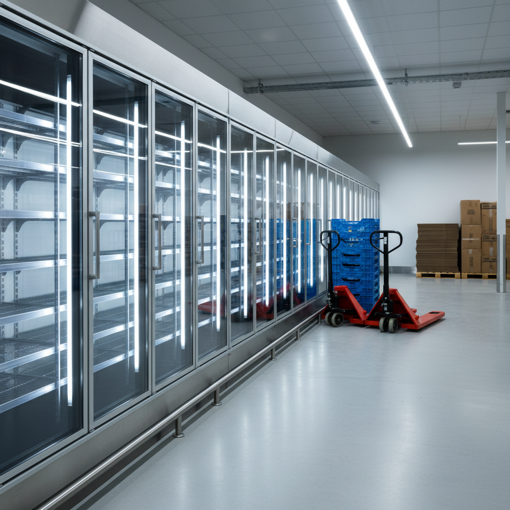 The back-of-house area of a grocery store featuring a row of large glass-door commercial coolers facing an organized staging space. Pallet jacks, empty plastic crates, and neatly stacked cardboard boxes sit on a smooth epoxy floor, all arranged to keep attention on the coolers. Inside the coolers, bare metal shelving and bright LED interior lights showcase the equipment’s capacity. Overhead fluorescent-style fixtures cast even, cool-toned light with minimal shadows. Photographic realism, captured from an eye-level, slightly wide-angle perspective that takes in multiple coolers and the surrounding workflow area, creating a practical, efficient, and professional mood that underscores how high-quality coolers integrate into busy commercial operations.