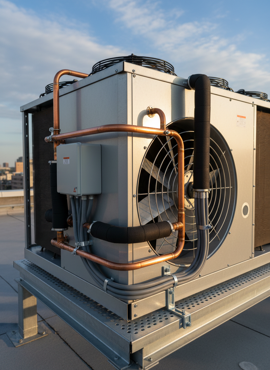 A close-up, detailed view of a heavy-duty commercial refrigeration compressor and condenser unit mounted on a rooftop platform. The unit’s galvanized steel housing, copper piping, insulated refrigerant lines, and precisely arranged electrical conduits are all clearly visible, showing professional installation craftsmanship. The background reveals a blurred cityscape and blue sky, emphasizing the rooftop setting without distraction. Late afternoon natural light provides soft, directional illumination, creating subtle highlights on metal surfaces and gentle shadows in vent openings. Photographic realism, captured from a low, three-quarter angle to emphasize scale and engineering sophistication, with sharp focus and a clean, technical, highly professional mood suitable for showcasing commercial cooler service expertise.