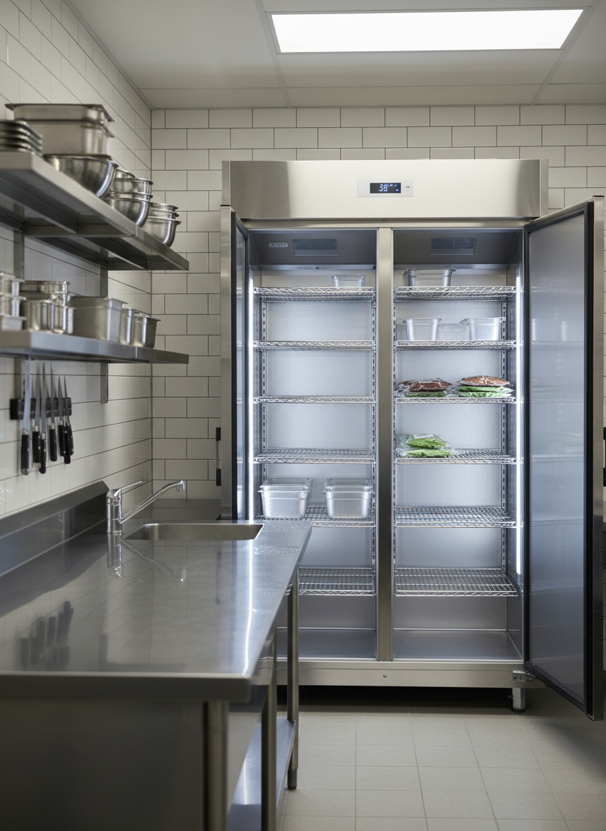 The interior of a spotless restaurant prep room featuring a large, open two-door stainless steel reach-in cooler against a tiled wall. The doors are wide open, revealing adjustable chrome wire shelving, integrated LED strip lighting, and a digital temperature display glowing in cool blue. The surrounding area includes a stainless prep table and neatly organized wall-mounted shelving, all immaculately clean. Soft, diffused overhead lighting blends with the cooler’s internal light, creating a balanced, neutral tone that highlights the reflective metal surfaces. Shot in photographic realism at eye level with moderate depth of field so the cooler remains the clear focal point, evoking a professional, efficient, and food-safe atmosphere that underscores high-quality installation work.