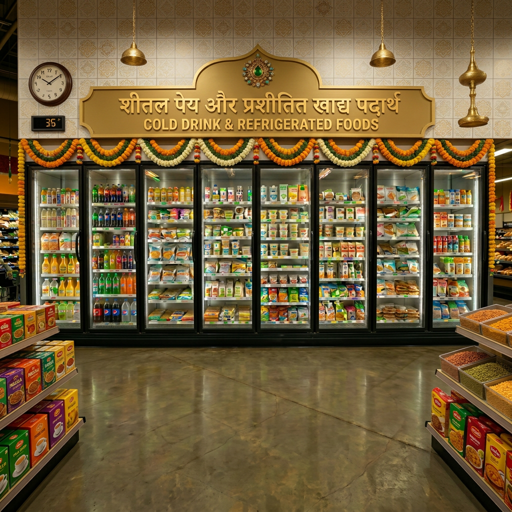 Supermarket refrigerators with glass doors displaying bottles and cartons of drinks and refrigerated food items