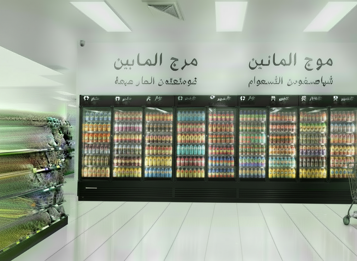 Edit this existing portrait, photo-realistic image of the Arabic market walk-in cooler so that each of the 10 doors is approximately 30% taller visually by increasing the glass area height and reducing the black kickplate height by about 30%. Keep the same 10-door layout, Arabic signage, 7 evenly spaced internal shelves per door, fully stocked refrigerated products, black frames and bulkheads, bright supermarket interior, straight-on view, and realistic lighting. The bottom edge must remain a single continuous, clean black band with no white or light strip, reflection, or gap under any door.